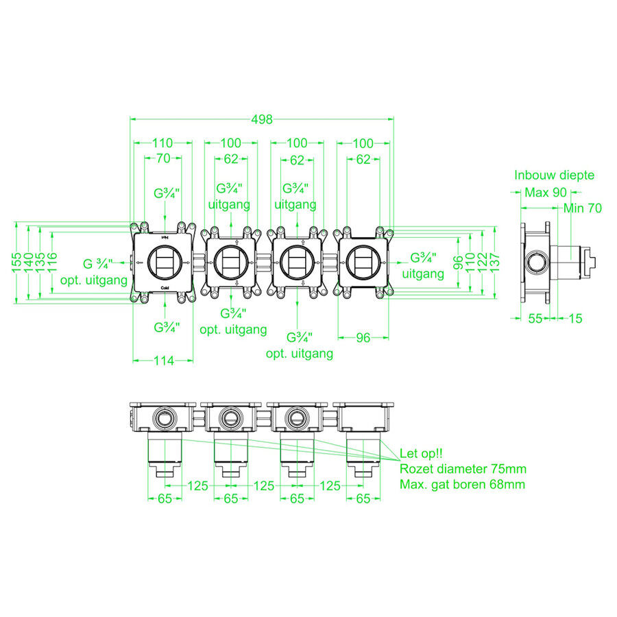 Inbouwbox IVY tbv Inbouw Thermostaat 3 Stopkranen Symmetry Donker Blauw