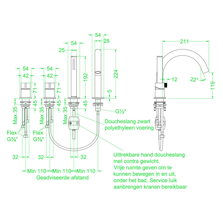 Badrandcombinatie IVY Tribe 4-gats Mengkraan Met Uittrekbare Handdouche Draaibare Uitloop RVS316 Geborsteld Mat Goud PVD