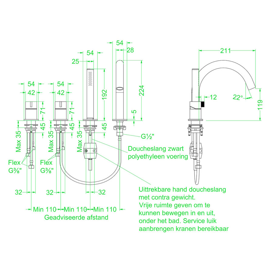 Badrandcombinatie IVY Tribe 4-gats Mengkraan Met Uittrekbare Handdouche Draaibare Uitloop RVS316 Geborsteld Mat Koper PVD