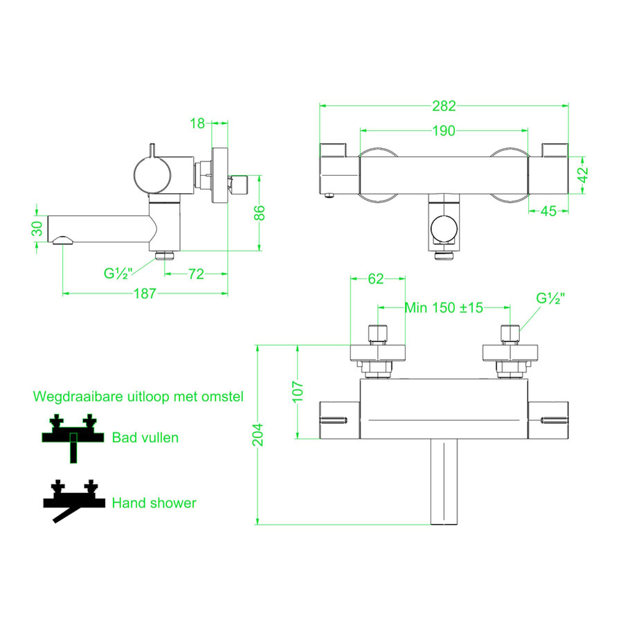 Badthermostaatkraan IVY Pact Opbouw Omstel Met Draaibare Baduitloop Met Omstel Cooltouch Geborsteld Nickel PVD