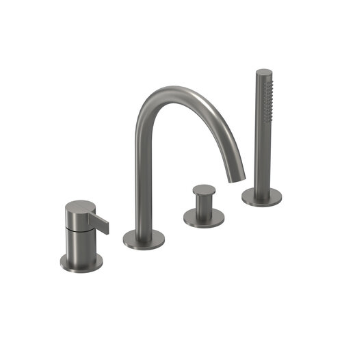 Badrandcombinatie IVY Pact 4-gats Mengkraan Met Uittrekbare Handdouche Draaibare Uitloop Geborsteld Metal Black PVD 