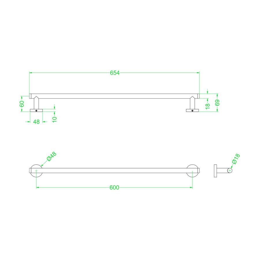 Handdoekrek IVY Enkel Wandmodel 60 cm Geborsteld Nickel PVD
