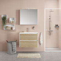 Meubelset Tiger Reverse 60 cm Met 2 Lades Natural Eik - Mat Wit incl Oval Wastafel Hoogglans Wit