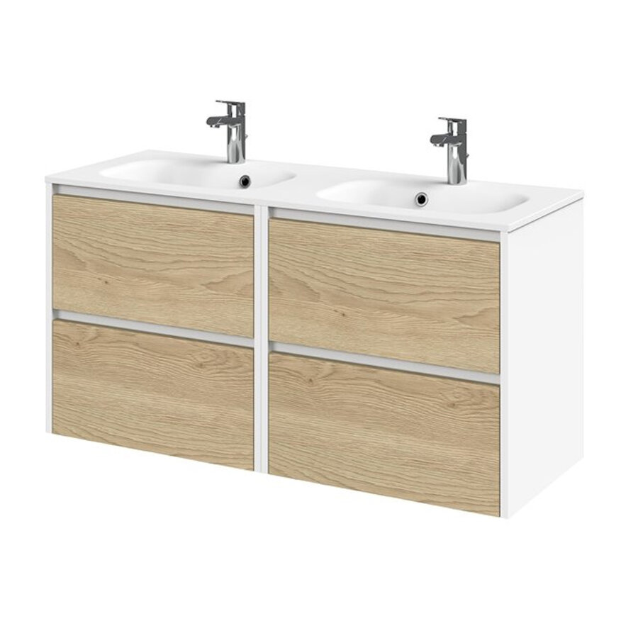 Meubelset Tiger Reverse 120 cm Met 4 Lades Natural Eik - Mat Wit incl Oval Wastafel Mat Wit