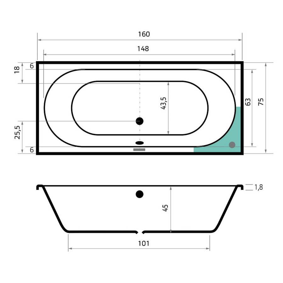 Ligbad Beterbad Xenz Madeira 160x75 cm Inclusief Badpoten Wit