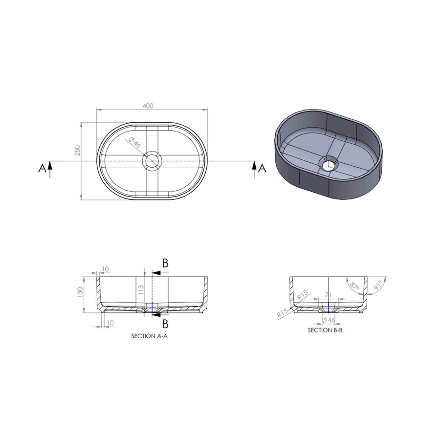 Arcqua Case Opbouw Waskom Ovaal 40x28 Mat Beton