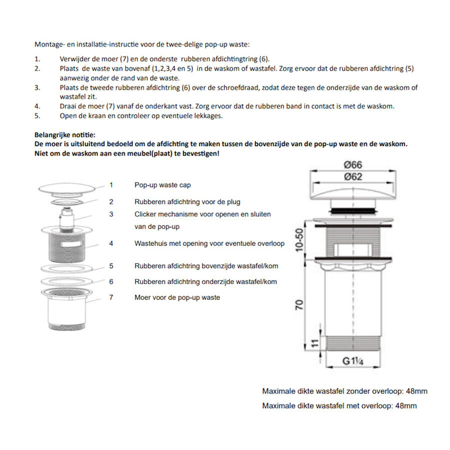 Arcqua Pop-up Waste Wastafel 1 1/4 Universeel Mat Klei