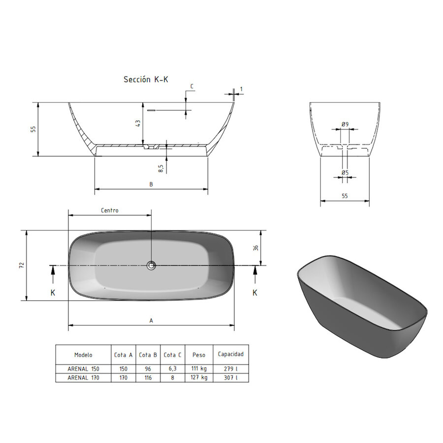 Vrijstaand Ligbad Zenon Arenal 170x72 cm Glacier White