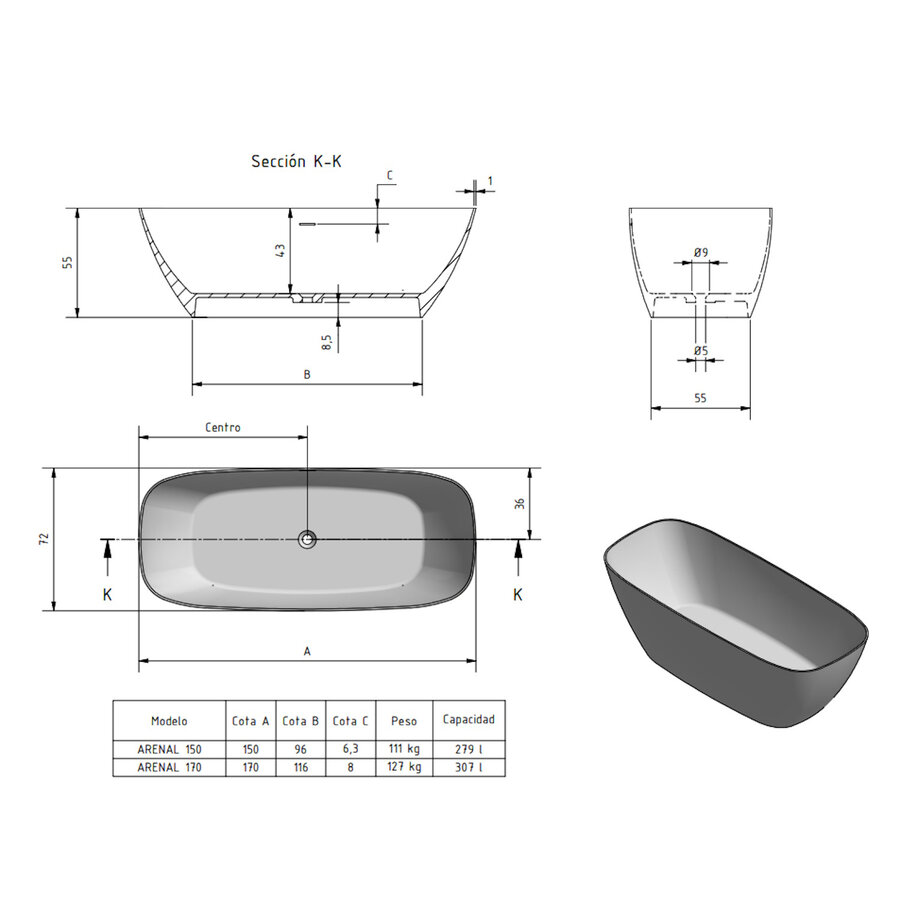 Vrijstaand Ligbad Zenon Arenal 170x72 cm Natural