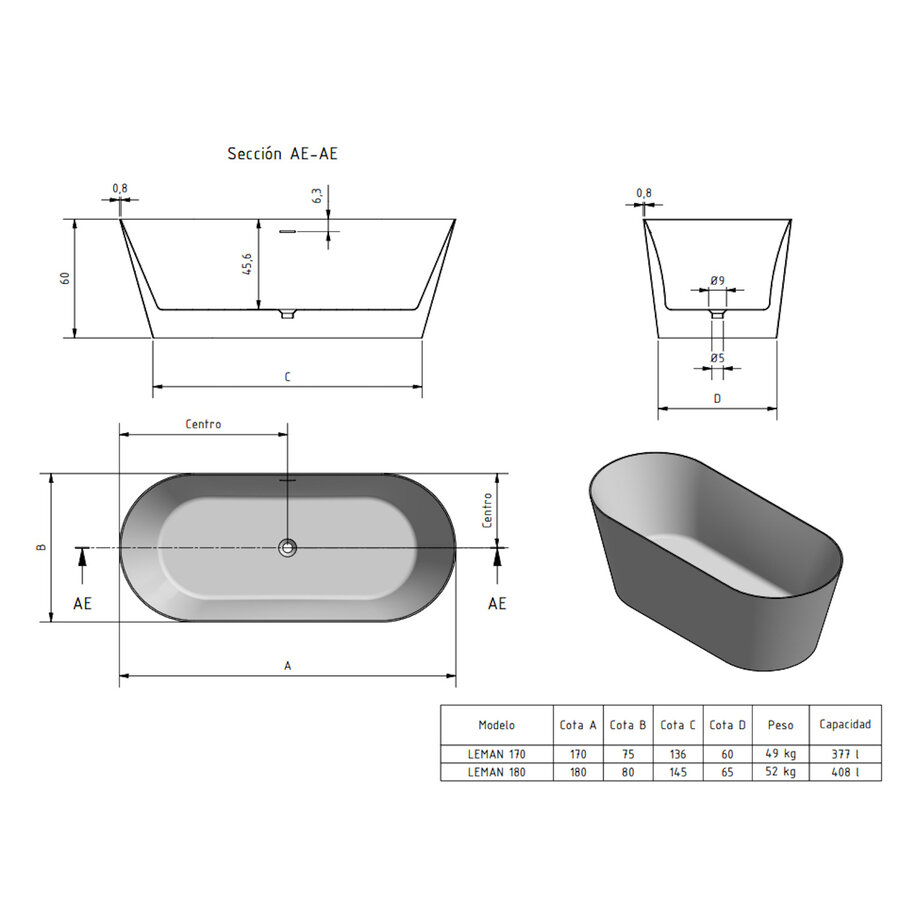 Vrijstaand Ligbad Zenon Leman 75x170 cm Negro