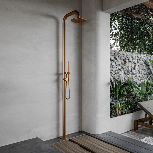 Buitendouche vrijstaand Fortifura Outdoor Deluxe Regendouche Met Handdouche Geborsteld Koper 