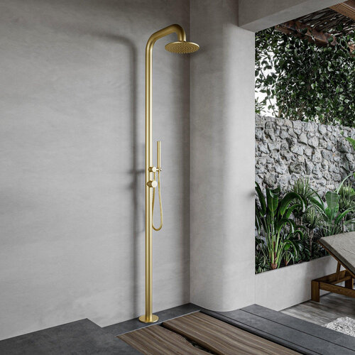 Buitendouche vrijstaand Fortifura Outdoor Deluxe Regendouche Met Handdouche Geborsteld Messing 