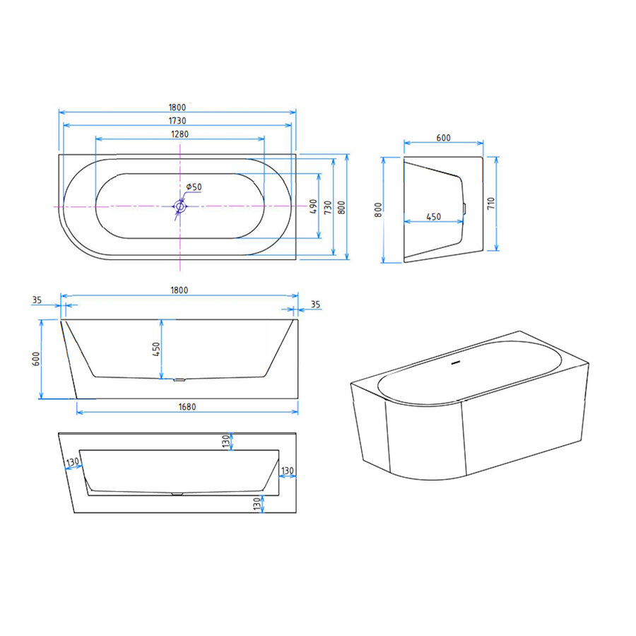 Half Vrijstaand Hoekbad BWS Danielle Rechts 170x78 Wit