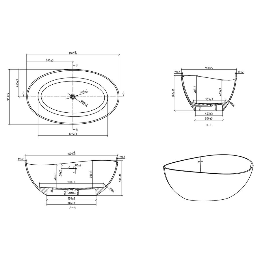 Vrijstaand Ligbad BWS Walton 160x95 cm Solid Surface Mat Wit