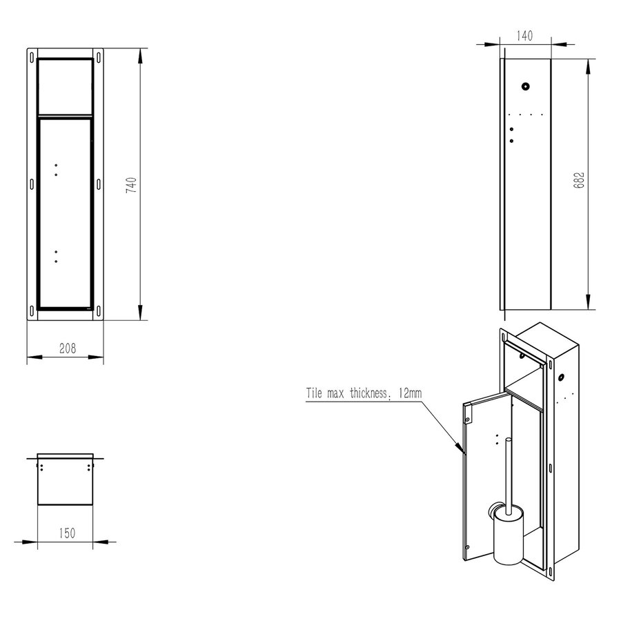 Toiletrol- en Borstelhouder Inbouw BWS Milan Betegelbaar Mat Zwart