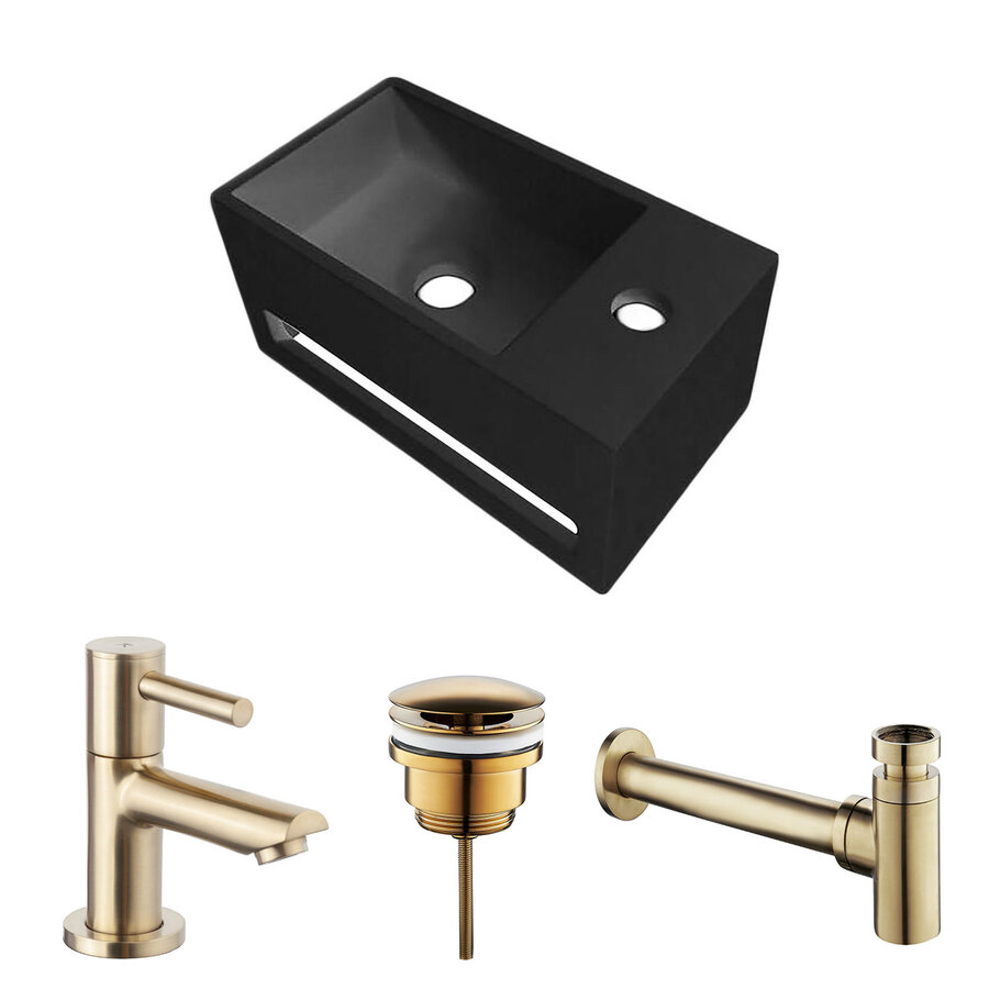 Fonteinset BWS Solid Surface Met Handdoekhouder Rechts Zwart Goud