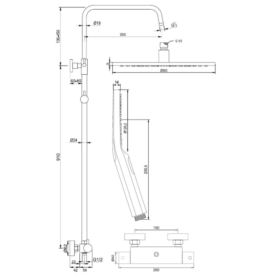 Regendoucheset Opbouw Brauer Gunmetal Edition 30 cm Thermostatisch met Handdouche 3-Standen Geborsteld Gunmetal