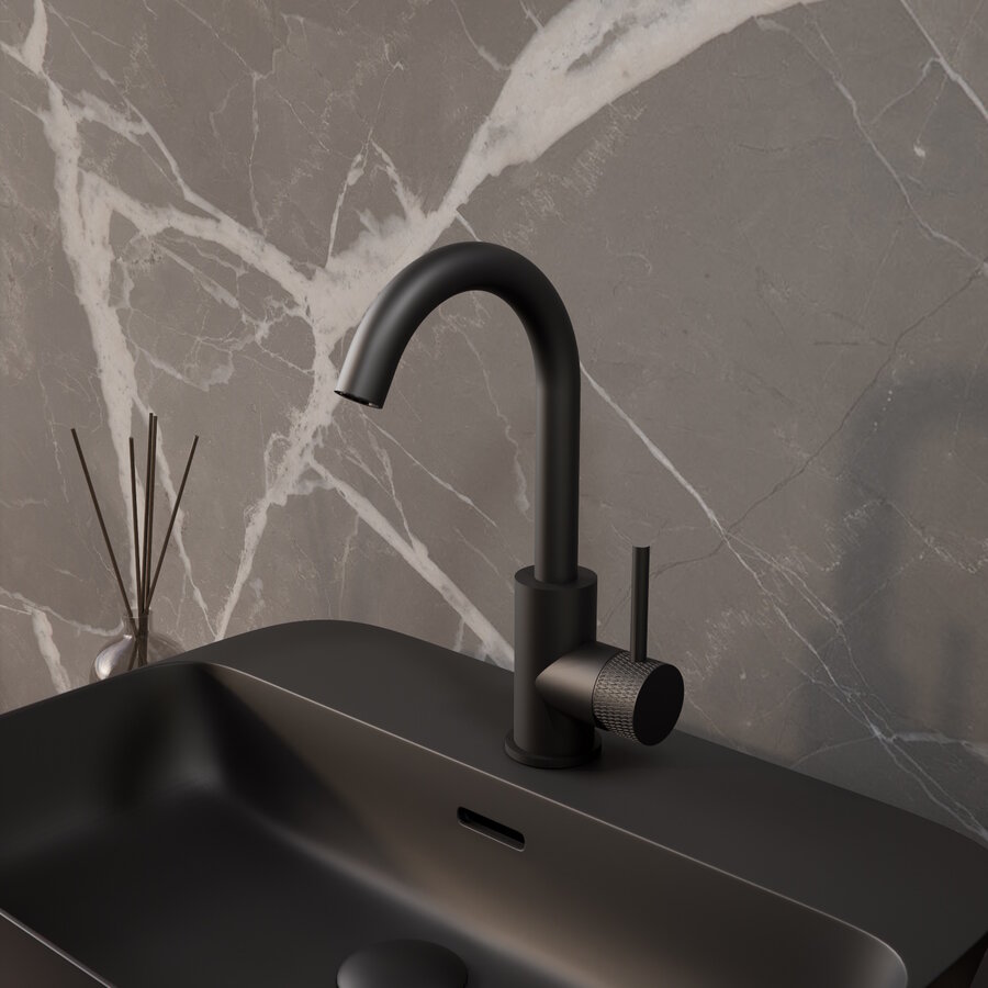 Wastafelmengkraan Aquasplash Ridged Gebogen met Draaibare Uitloop Mat Zwart