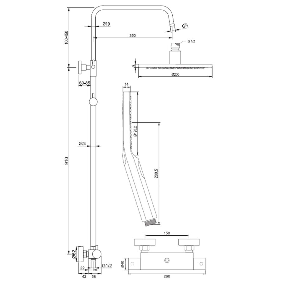 Regendoucheset Opbouw Brauer Gunmetal Edition 20 cm Thermostatisch met Handdouche 3-Standen Geborsteld Gunmetal