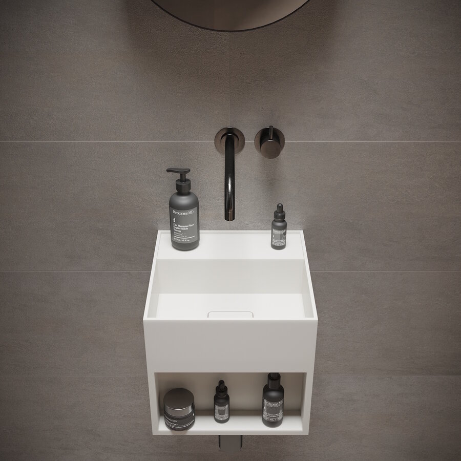 Fontein Ideavit Solidbliss 30x30x28 cm Solid Surface Handdoek Opberg Mogelijkheid Mat Wit