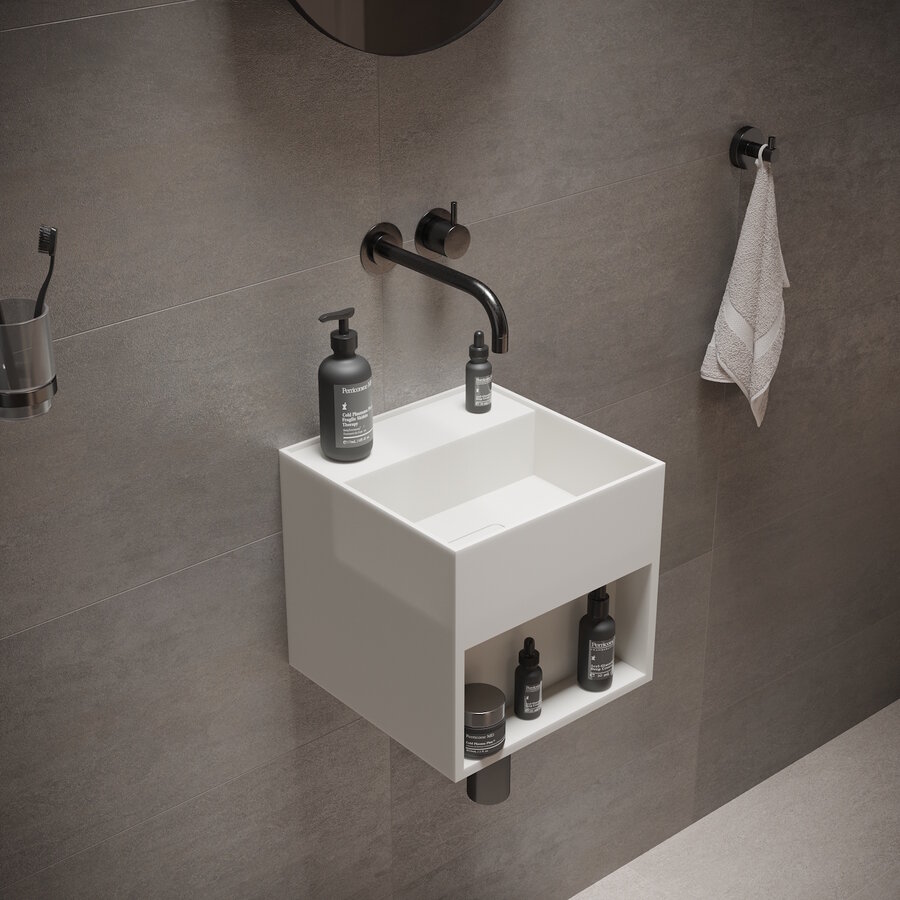 Fontein Ideavit Solidbliss 30x30x28 cm Solid Surface Handdoek Opberg Mogelijkheid Mat Wit