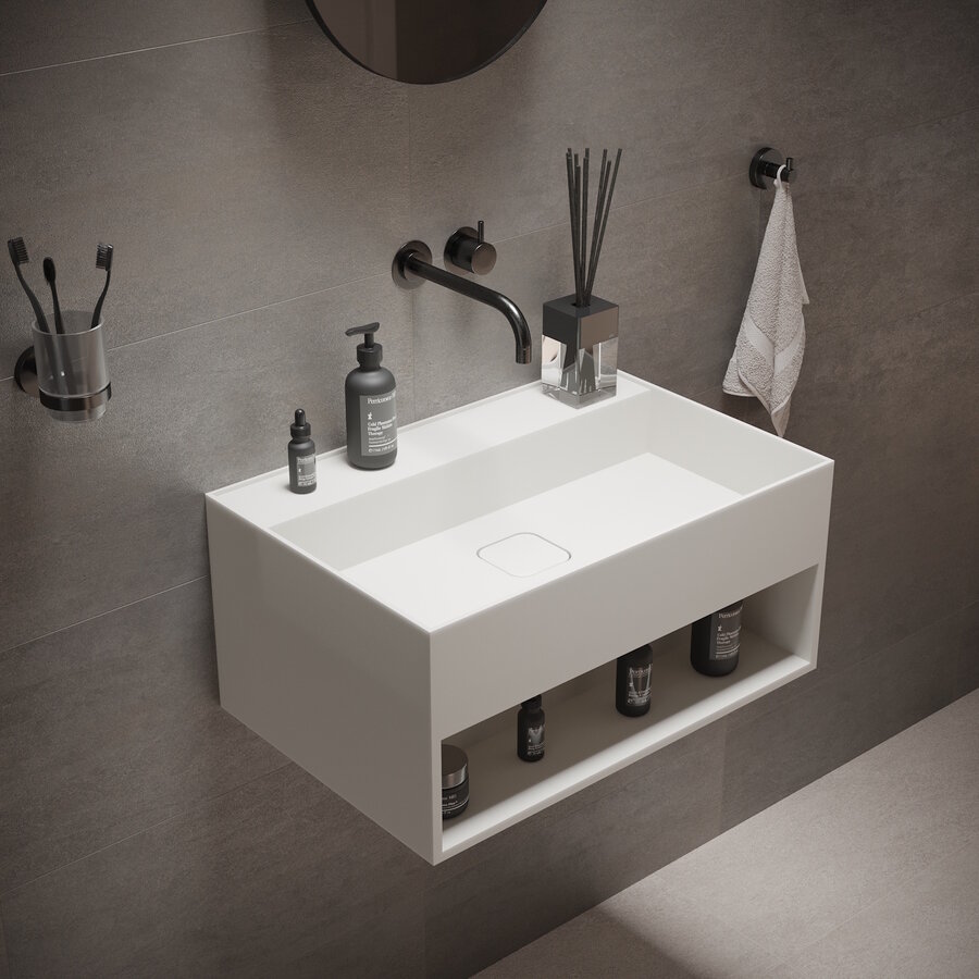 Fontein Ideavit Solidbliss 60x40x28 cm Solid Surface Handdoek Opberg Mogelijkheid Mat Wit