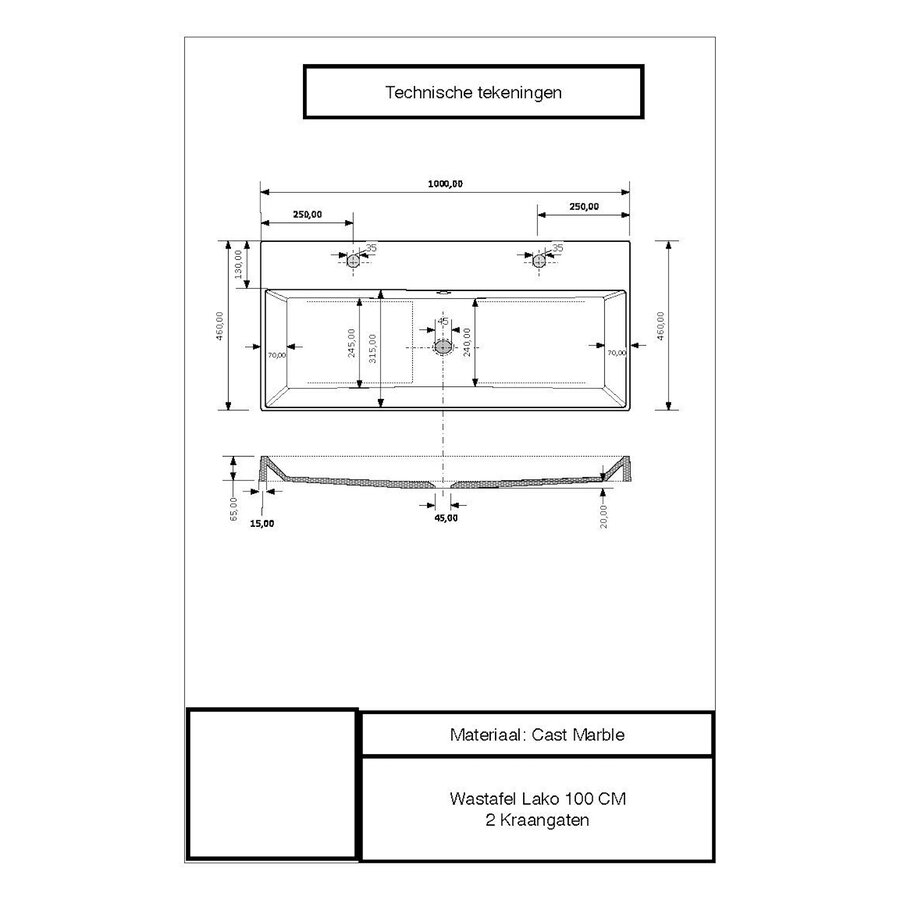 Wastafel Gliss Design Lako 100 cm 2 Kraangaten Mat Cappuccino