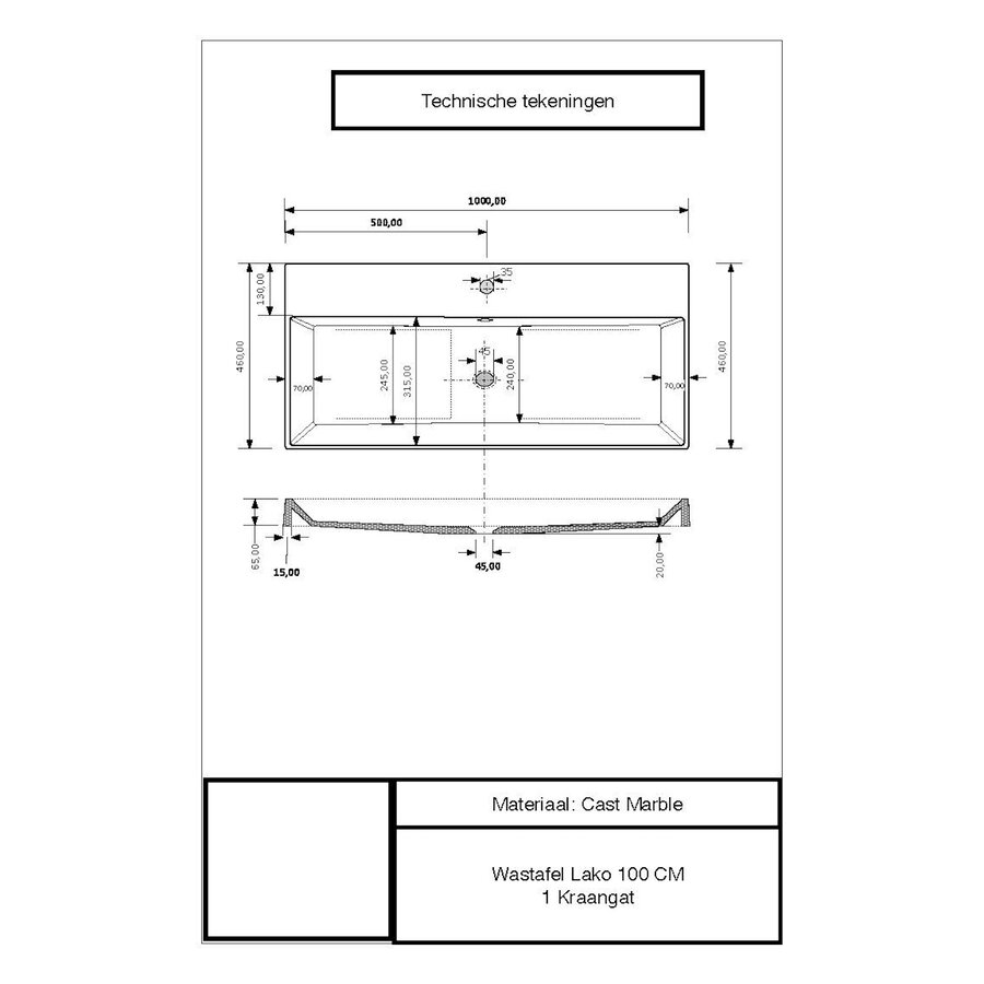 Wastafel Gliss Design Lako 100 cm 1 Kraangat Mat Cappuccino