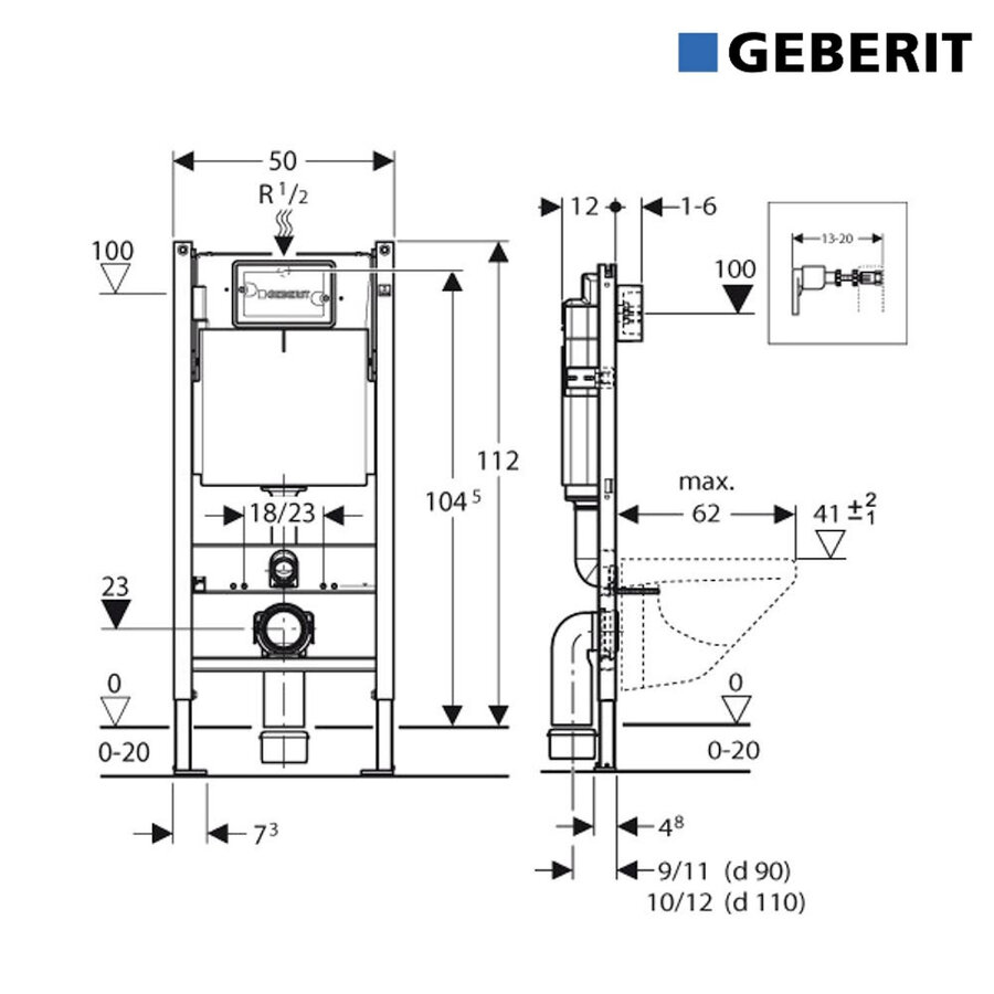 Geberit up100 Toiletset BWS Mudo | Randloos met Zitting | Mat Wit | Delta Drukplaat