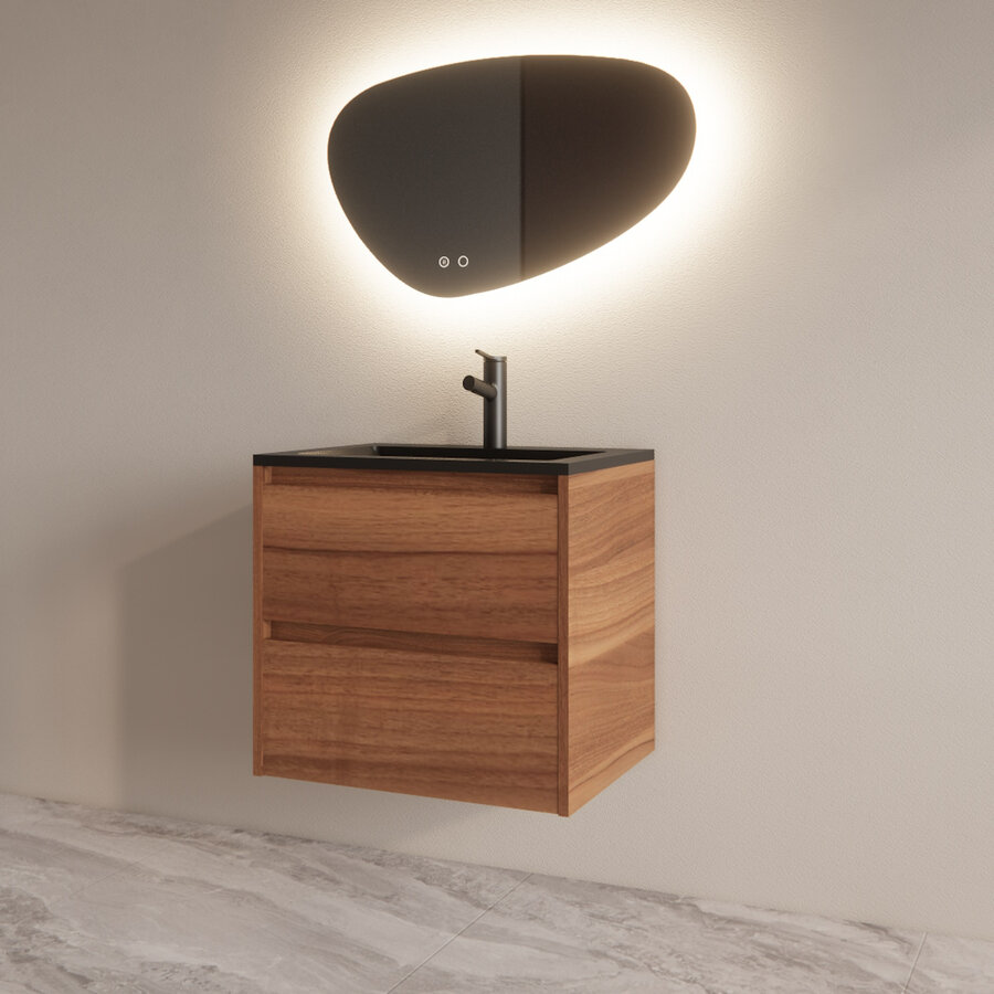 Badmeubelset BWS Riga Met Asia Wastafel Mat Zwart 60 cm Walnoot