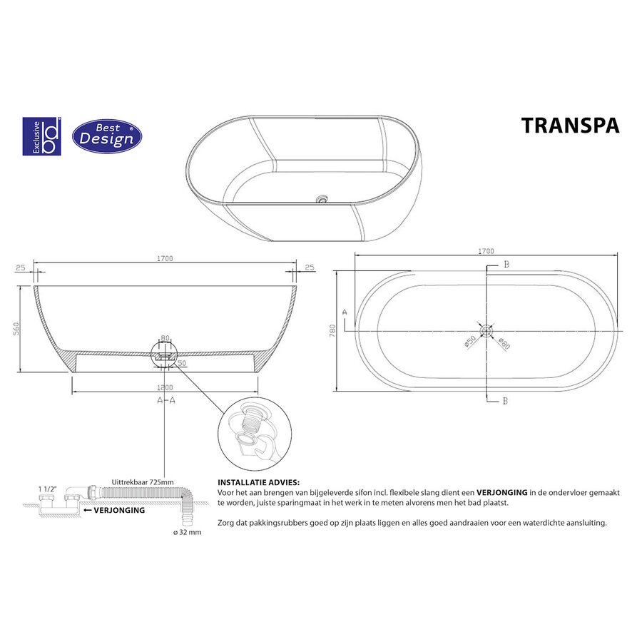 Vrijstaand Ligbad Best Design 170x78x56 cm Resin Transparant Helder