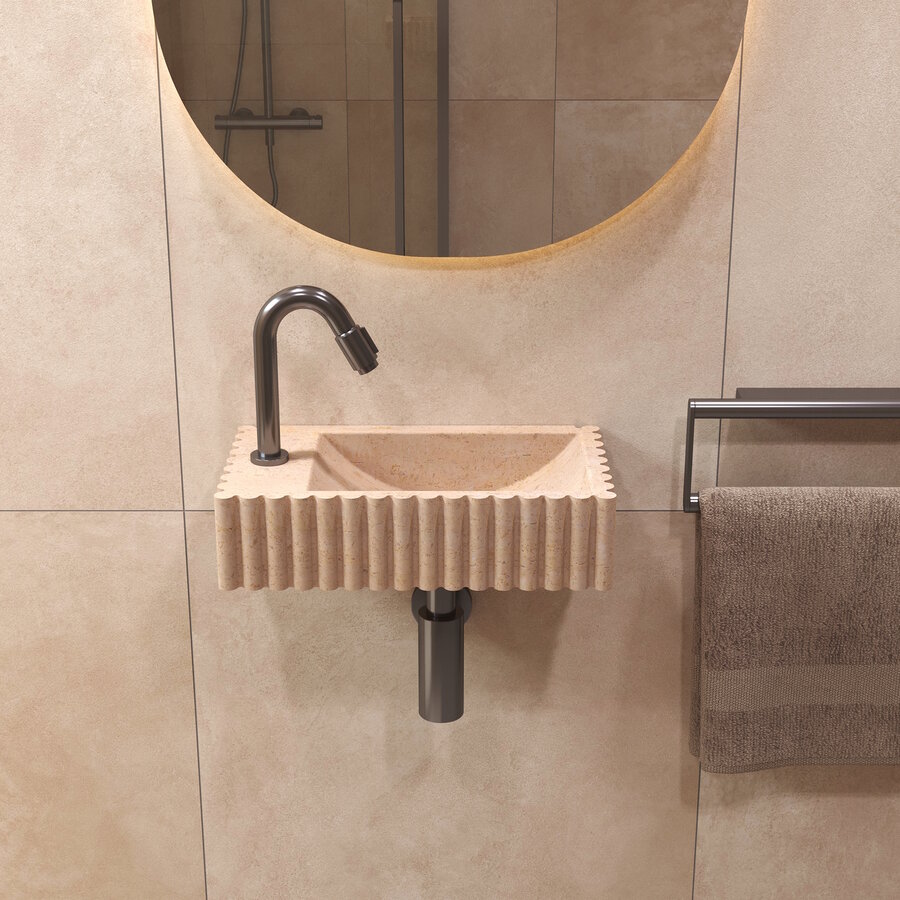 Salenzi Travertin Light Fontein 40x22cm Links Geribbeld Wandmodel