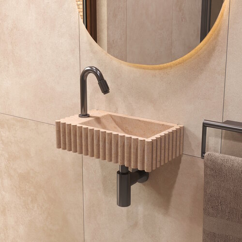 Salenzi Travertin Light Fontein 40x22cm Links Geribbeld Wandmodel 