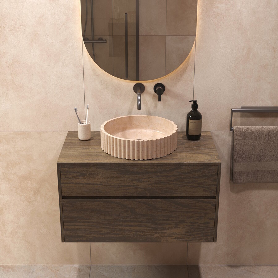 Salenzi Travertin Light Waskom 40x40x10cm Geribbeld Opbouwmodel