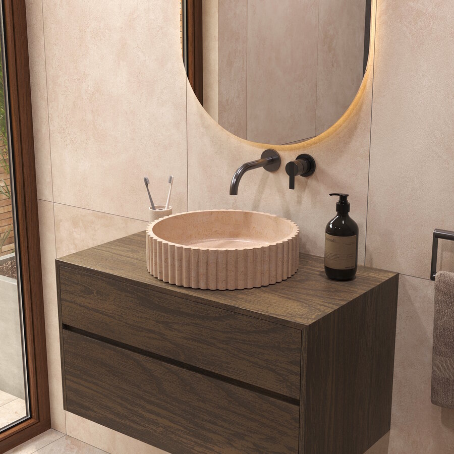 Salenzi Travertin Light Waskom 40x40x10cm Geribbeld Opbouwmodel