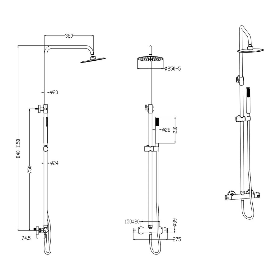 Opbouw Regendouche BWS Gunmetal 25 cm Hoofddouche Cemal Thermostatisch