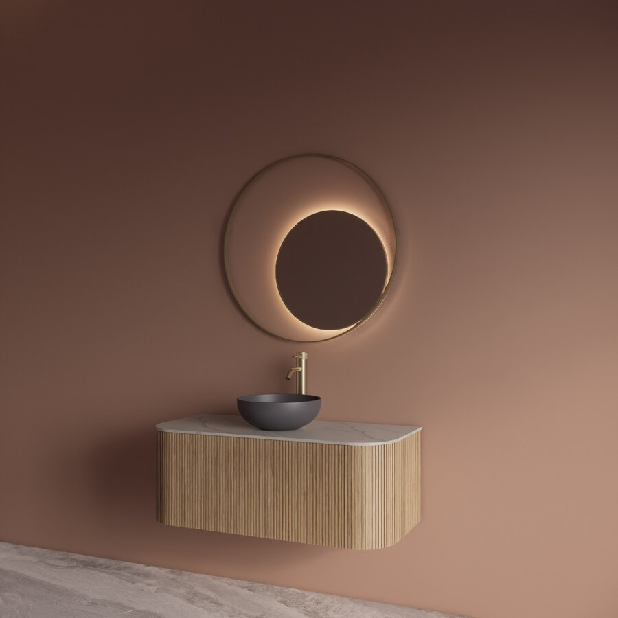 Spiegel Gliss Design Kosmos Mat Goud Rond met Frame en Indirecte LED Verlichting 100 cm