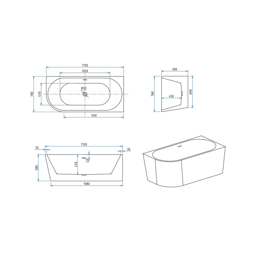 Half Vrijstaand Hoekbad BWS Danielle Rechts 170x78 Wit