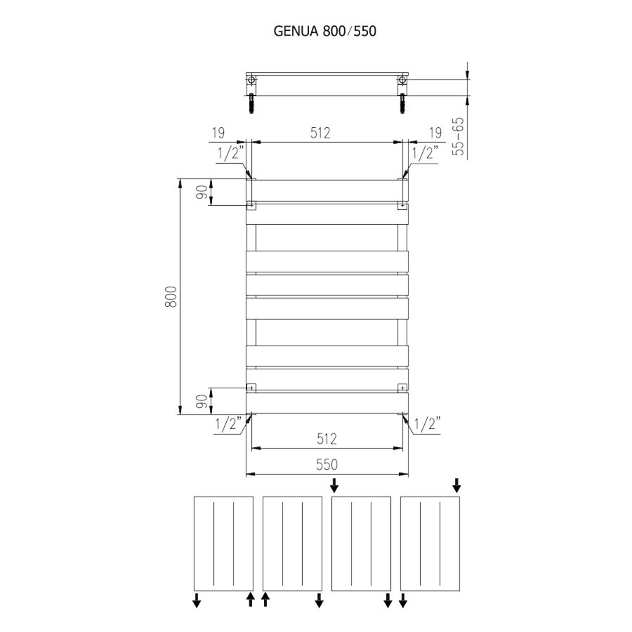 Designradiator Plieger Genua 405 Watt Zijaansluiting 80x55 cm Wit