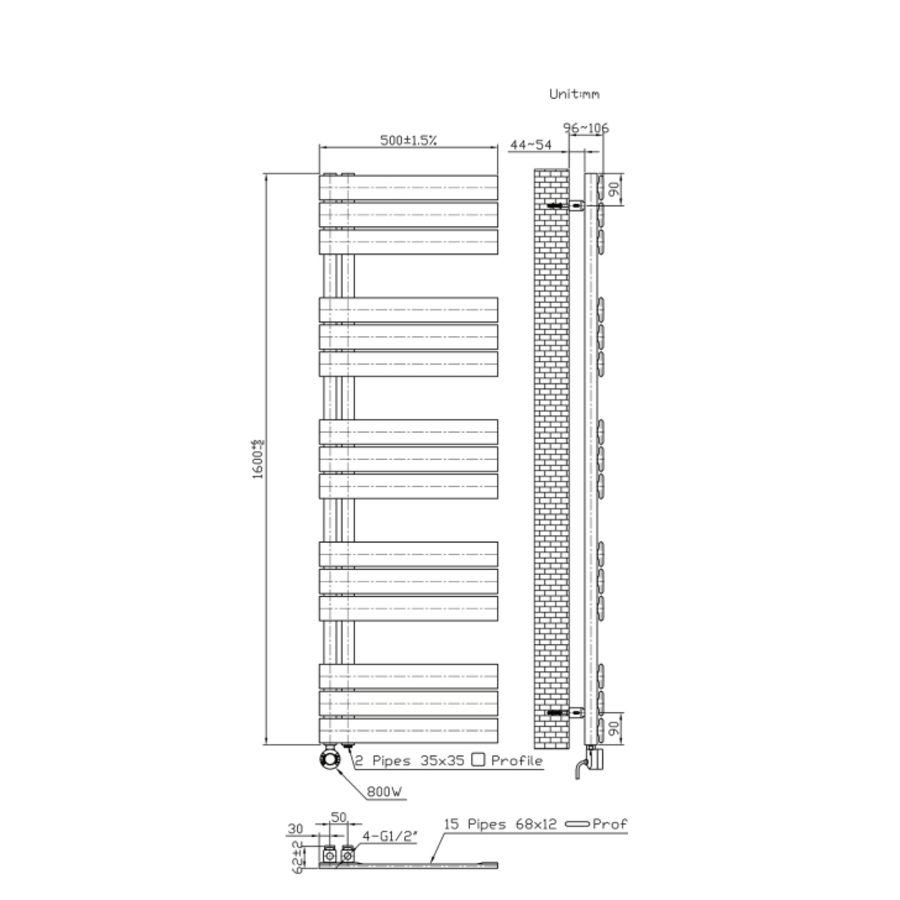 Elektrische Handdoekradiator BWS Russ Links aansluiting 755W 160x50 cm Mat Zwart