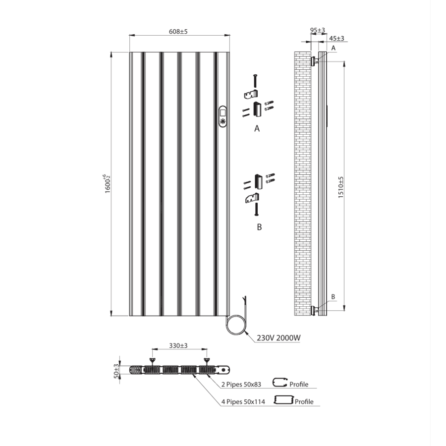Elektrische Radiator BWS Boss 2.0 Met Wifi 2000W 160x60.8 cm Mat Wit