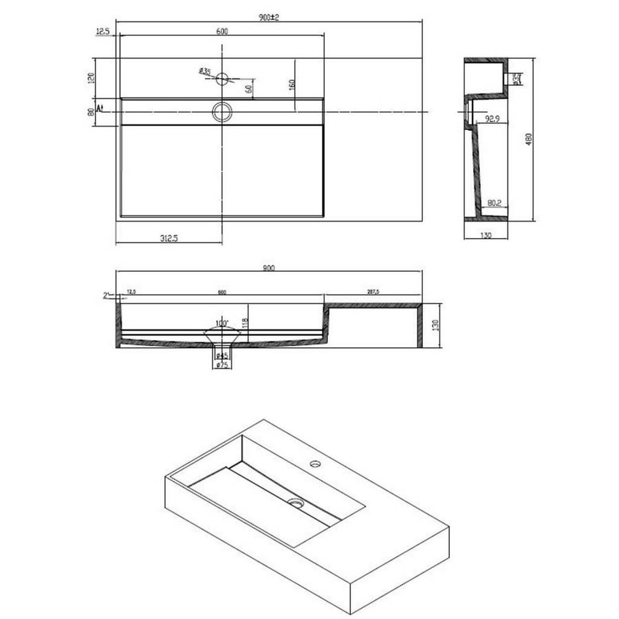 Wastafel Q90 Just Solid 90X48X13Cm