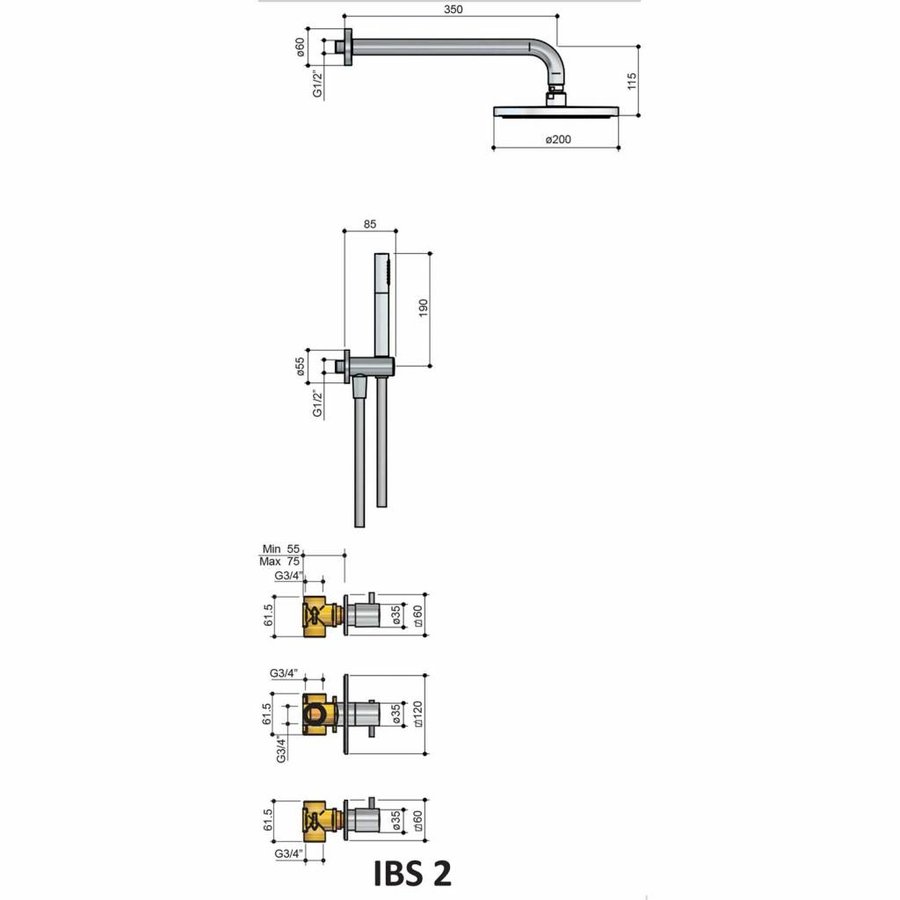 Thermostatische Inbouw Douche Set Laddy Met 2 Stopkranen Ibs 2