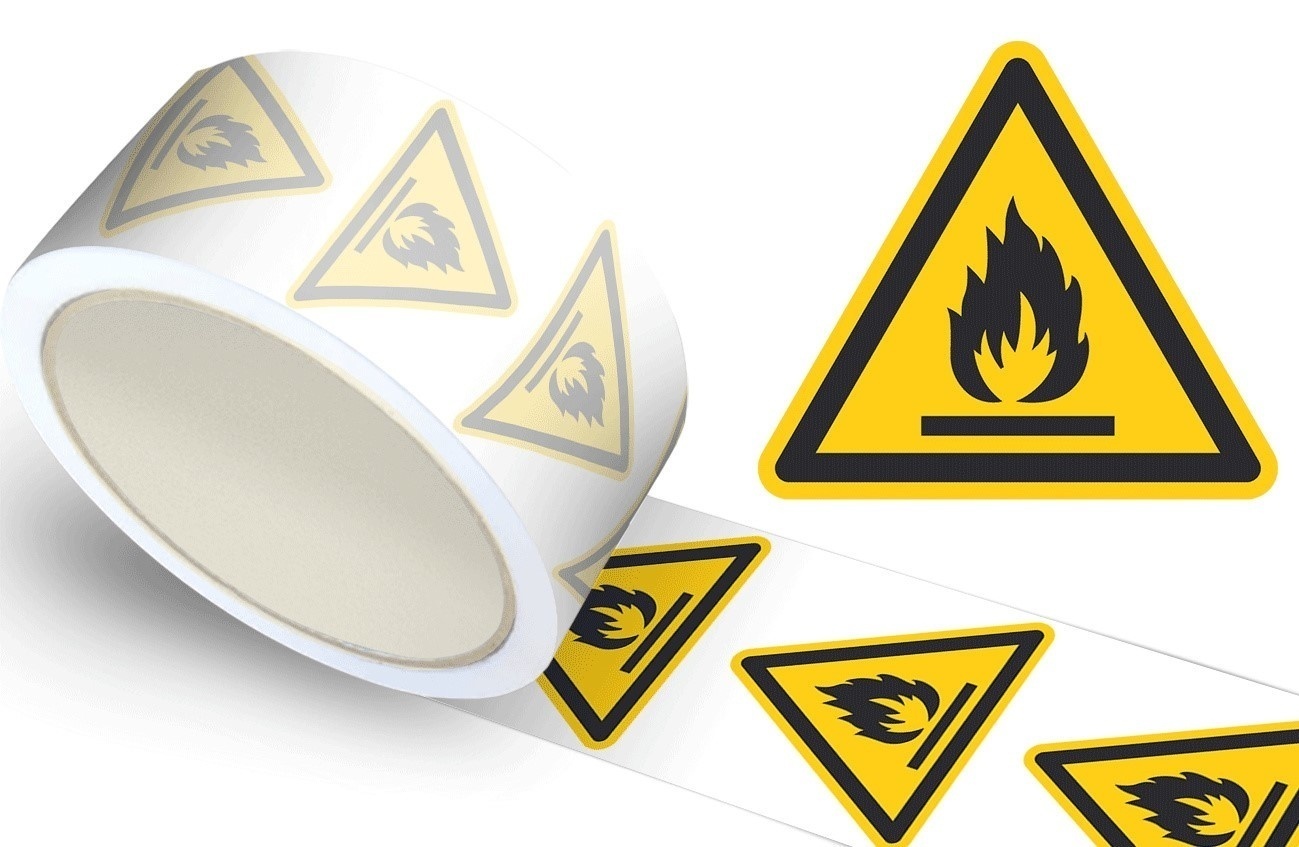 Waarschuwingssticker ntvlambare stoffen, op rol - 100 mm breed - 100 stickers