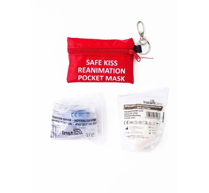 Beademingsmasker in rood tasje – sleutelhanger