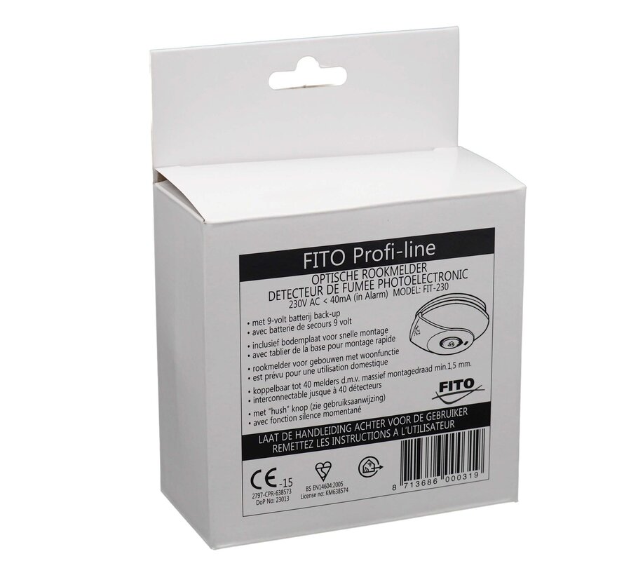 Fito optische rookmelder 230V incl. 9V backup batterij