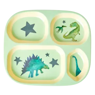 Rice Kinderbord met 4 Compartimenten - Soft Green - Dino Print