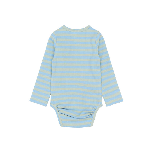 The New Siblings romper Fro forever blue striped rib