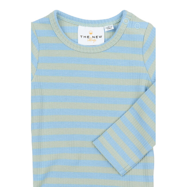 The New Siblings romper Fro forever blue striped rib