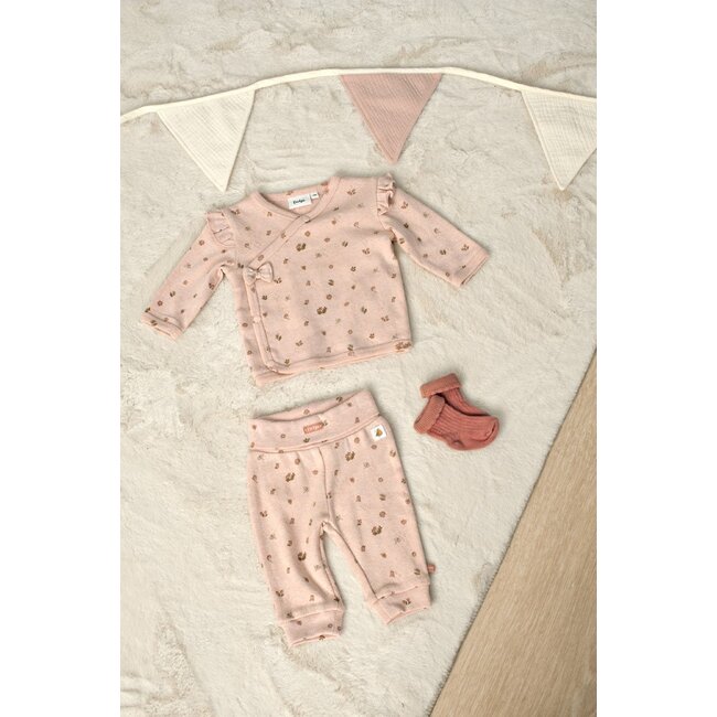 Feetje , Broek pointelle rib AOP - Fall in Love - Roze melange
